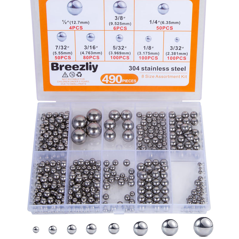 490Pcs 3/32"-1/2" Precision Chrome Steel Assorted Loose Bicycle Bearing Steel Ball Assortment Kit(8 Sizes 490Metric) 490