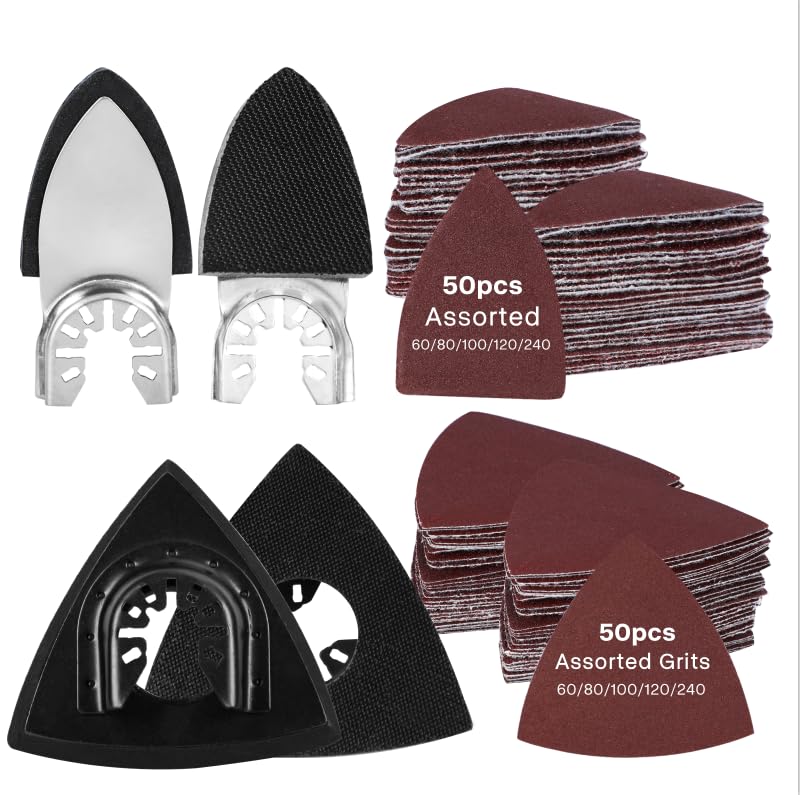 104pcs Oscillating Tool Sanding Pad, Detachable Rigid Multitool Sandpaper, Include Triangle & Finger Sanding, 60/80/120/180/240 Grit Sandpaper with High-Velour Backing Detail Sanding Pads Kit