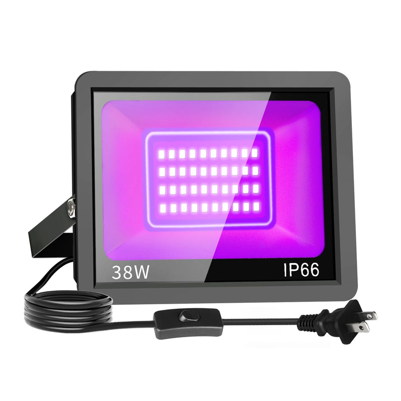 38W LED Black Lights IP66 Waterproof Black Light Outdoor with 5ft Plug+Switch,Flood Blacklight for Halloween Glow in The Dark Party Stage Light Neon Glow Birthday 1 Pack 38W-1Pack