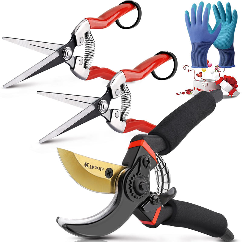 Kynup 3Pack Pruning Shears, Garden Shears, Pruning Shears for Gardening, Gardening Shears, Garden Scissors, Garden Clippers, Gardening Tools with Gloves, Stainless Steel, Soft Grip Handle