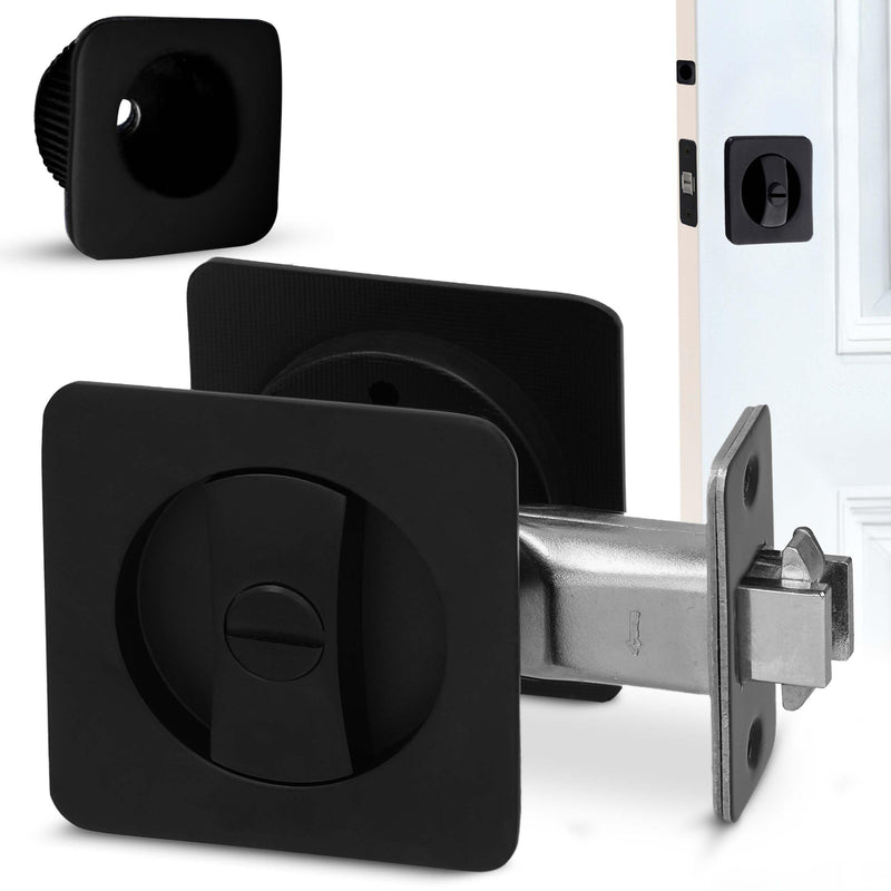 Premium Black Pocket Door Hardware - Pocket Door Lock - Ergonomic Matte Black Door Handle with Pocket Door Pull - Reversible Pocket Door Latch for Safety Square