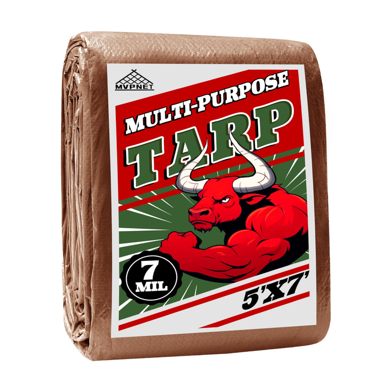Tarp 5x7 ft 100% Waterproof 7mil Durable Grommets and Reinforced Edges,Uv Resistant,Green/Brown Tarp,Emergency Rain Shelter,Outdoor Cover and Camping Use -by MVPNET