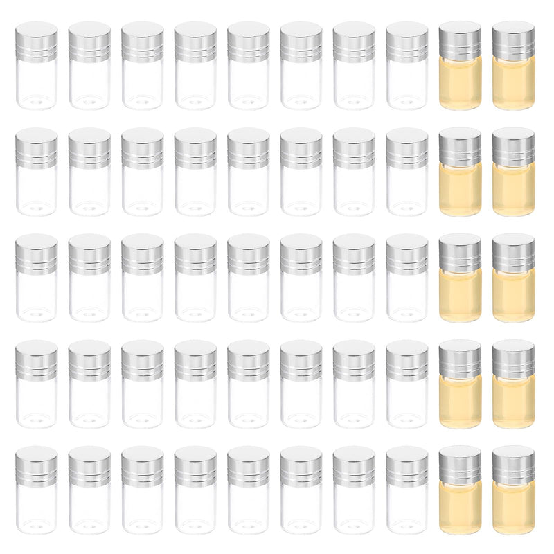 PATIKIL 2ml Tiny Glass Bottles Vials, 100Pcs Mini Clear Bottles Glass Empty Jars Aluminum Screw Cap Tiny Vials Container for Powder Cream Art Craft, Silver