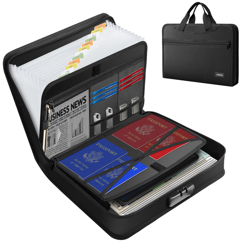 JUNDUN Accordion File Organizer with Lock,Multi-Pockets Fireproof Document Organizer with Handle & Zipper - 13 Pockets Expanding File Folder with Labels for Letter A4 Files and More Black L