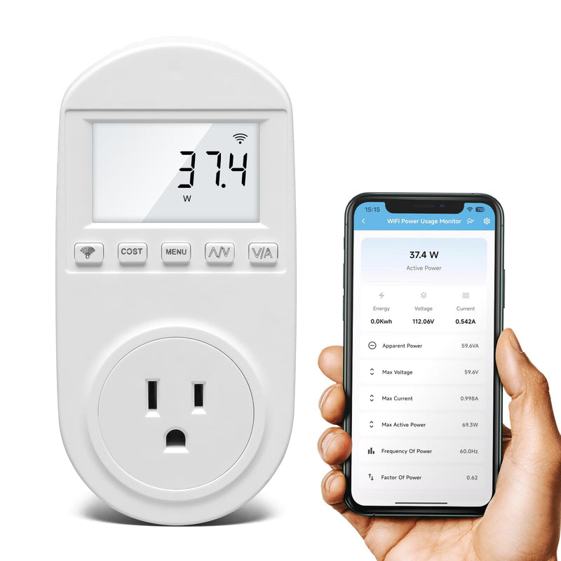 WiFi Electricity Usage Monitor, Plug-in Power Meter with Audible Alarm, Refrigerator Power Consumption Monitoring and Electricity Bill Statistics