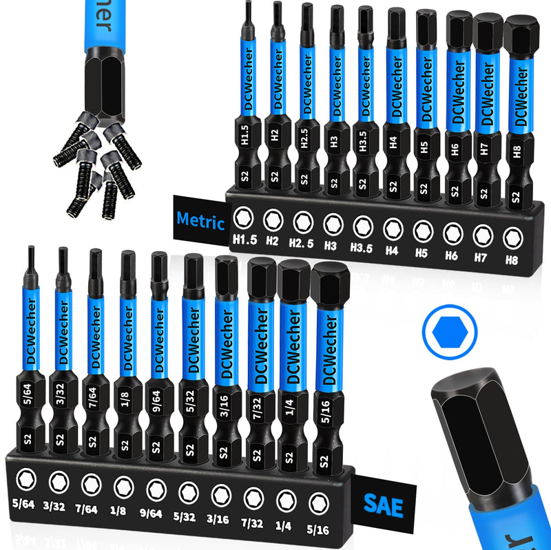 20 Pieces Allen Wrench Drill Bit Set (Metric & SAE) Hex Bit Set 2 In, Professional-Grade Impact Allen Key Drill Bit Set, Magnetic Hex Bits, S2 Steel Hex Head Drill Bit Set, 1/4 Hex-Shank Allen Bit Set Hex Bits 2 inch 20 Pieces (Metric & SAE)