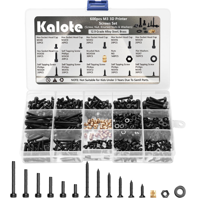 Metric Screws Assortment, 600 Pcs M3 Screw Kit, Suitable for 3D Printer DIY, M3*8mm/10mm/12mm/16mm/20mm/30mm 12.9 Grade Alloy Steel Hex Socket Head Cap Bolts Nuts Kit with 1Pcs Allen Wrench 600Pcs M3-Black