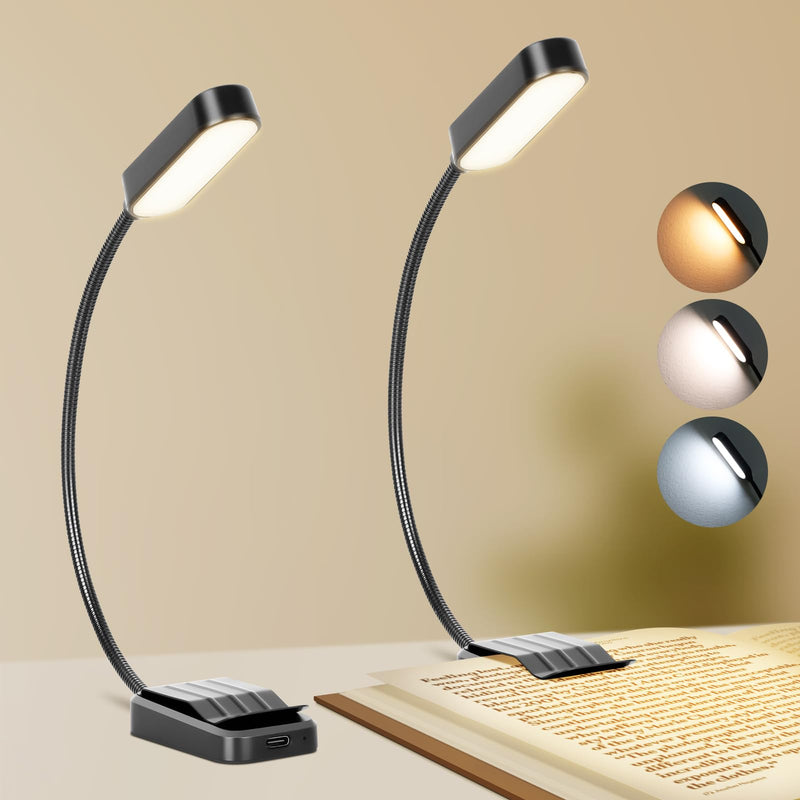 Book Light 2 Pack, Rechargeable Reading Lights for Books in Bed-Eye Caring 3 Colors, Stepless Dimming, 360° Flexible Studying Small Desk Lamp, Lightweight Clip-on LED Night Light for Book Lovers, Kids Black