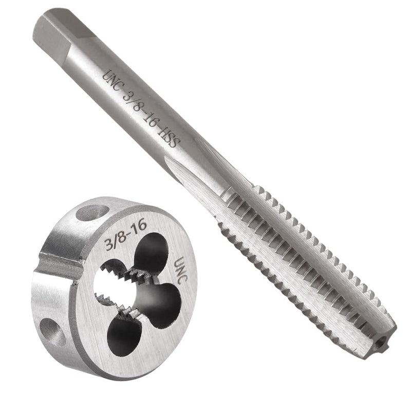 2pcs 3/8"-16 UNC Tap and Die Set, 3/8 x 16 UNC HSS Threading Tap Die Set, Straight Flute Machine Tap Alloy Tool Steel Round Thread Die Right Hand, Screw Tapping Threading Tool 3/8-16 UNC