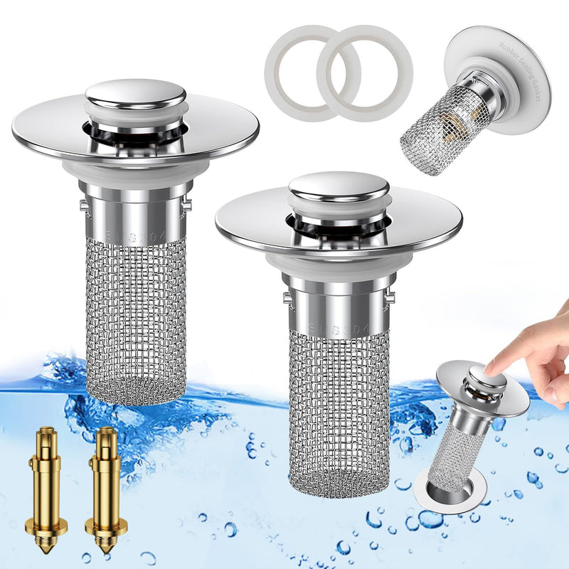 Bathroom Sink Stopper Hair Catcher, Pop-up Sink Drain Strainer with Removable Stainless Steel Strainer Basket Hair Catcher, Bathroom Sink Strainer for Bathroom Sink Stopper Replacement. (2PCS) 2pcs