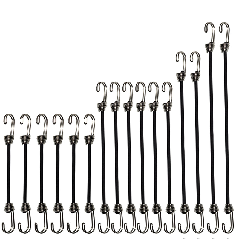 Mini Bungee Cords with Hooks. Versatile Outdoor Bungee Cord Set. Includes, 2inch, 4inch, 6inch, and 8inch, Totaling 16 Bungee Cords. (16pcs, Black, Four Sizes)