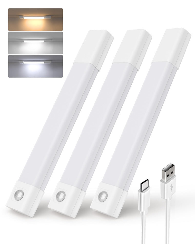 EZVALO Closet Lights, 30 LED Rechargeable Under Cabinet Lighting Wireless, 3 Color Temps Under Cabinet Lights, Dimmer Motion Sensor Light Indoor for Pantry, Kitchen, Bedroom, Woadrobe (3 Pcs) White 8inch-3Pack