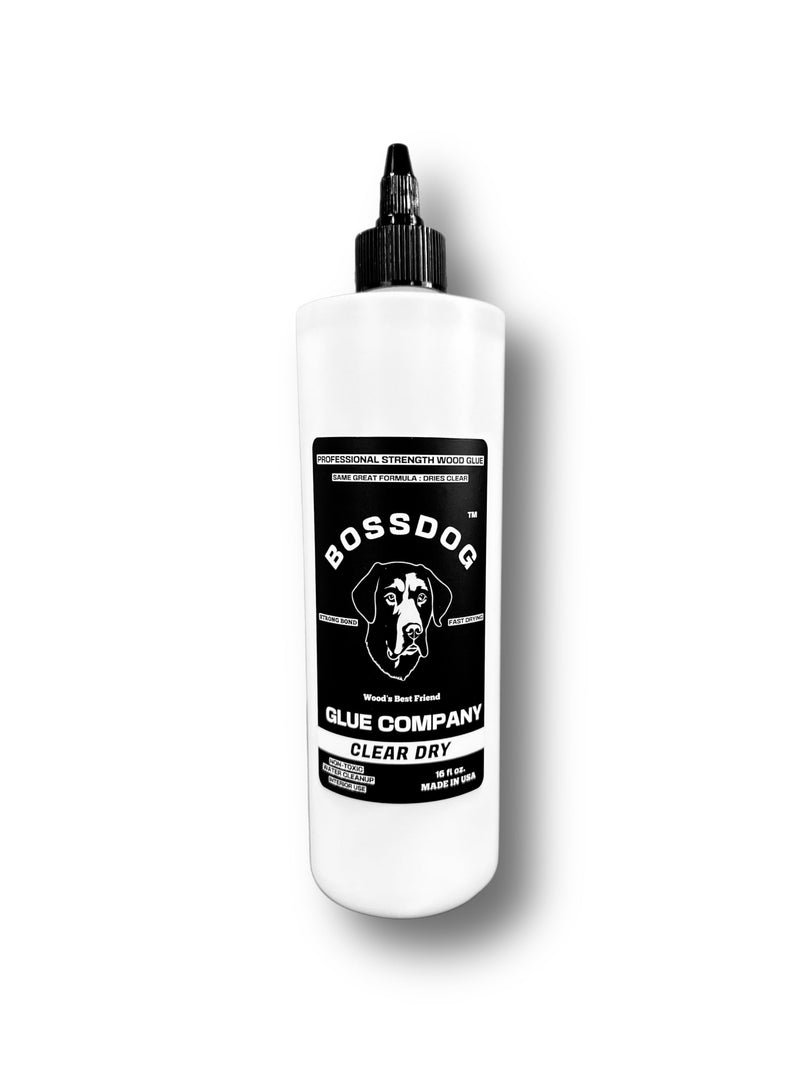 BOSSDOG Clear Dry Wood Glue 16 fl oz. Strong Bond, Fast Drying, Cutting Board Safe, Dries Clear, Carpentry Projects, DIY Home Repair, Woodworking, Furniture Repair. Made by a Maker, for Makers