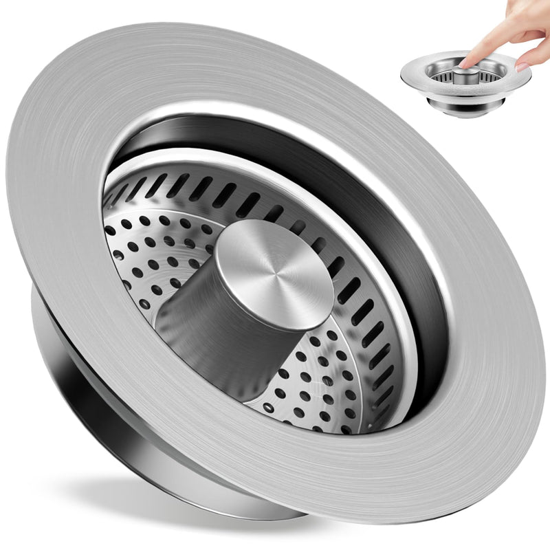 Kitchen Sink Drain Strainer 3 in 1, 304 Stainless Steel Pop Up Sink Stopper, Anti-Clogging Sink Drain Strainer for US Standard Kitchen Drain (SUS304 Brushed) Sus304 Brushed
