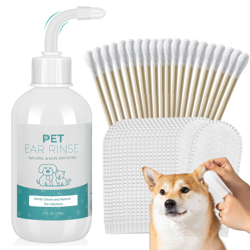Dog Ear Cleaner Set, Dog Ear Infection Treatment, 4oz Dog Ear Cleaning Solution, 20pcs Cotton Swabs, 20pcs Finger Wipes, Gentle Pet Ear Wash Ear Rinse, Dog Ear Cleaner Kit Care for Dogs & Cats 1 Pcs+20 Wood swabs - PawsPlanet Australia