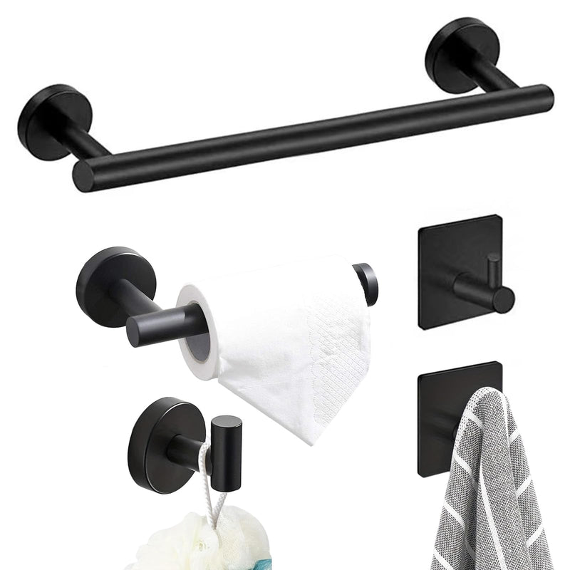 FireBee 5-Piece Bathroom Hardware Set, Matte Black Bathroom Accessories Set, 304 Stainless Steel Bathroom Fixtures-Includes 16" Black Towel Bar, Toilet Paper Holder & 3 Robe Hooks