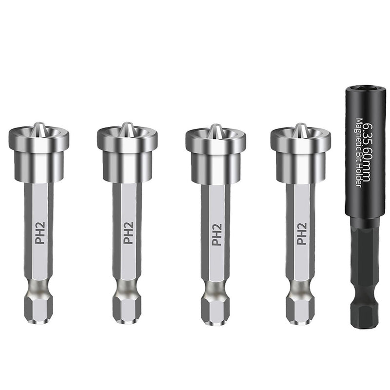 5 pcs Set Premium Magnetic Drywall Screw Setter PH2 Bits for Plasterboard Sheetrock Screw Hex Shank Positioning Bit Batch Head. Medium