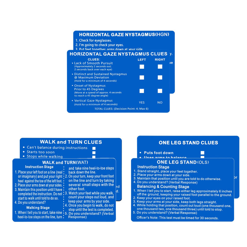 24PCS/8 SET SFST/HGN Checklist Cards, Metal Standardized Field Sobriety Test Instruction Card Walk and Turn, HGN, One Leg Stand Cards for Law Enforcement (BLUE) BLUE 8 Set 24pcs