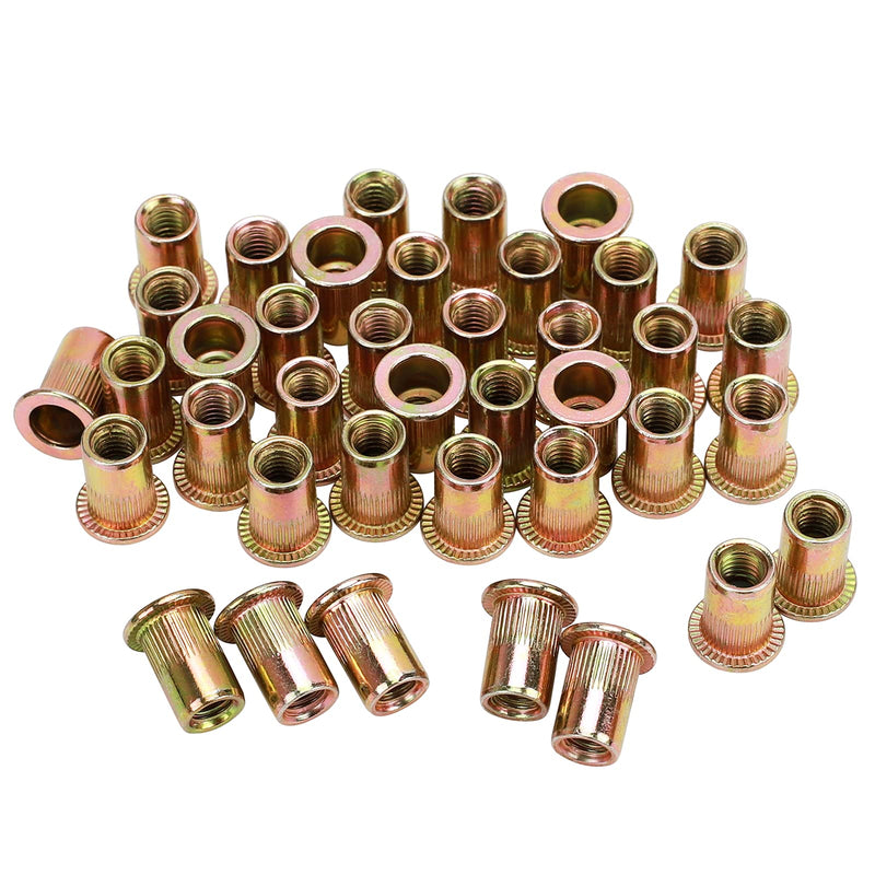100pcs M8 Rivet Nuts, M8 Flat Head Rivnut Threaded Insert Nuts with Knurled Body, Metric Zinc Plated Carbon Steel Insert Nutsert for Automotive, Furniture, Decoration