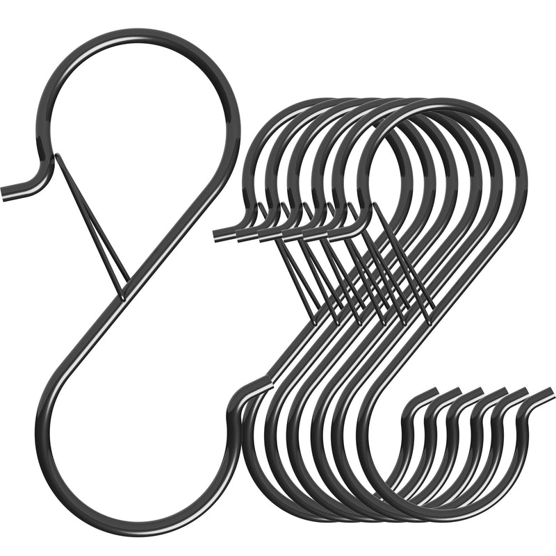 7 Pack S Hooks for Hanging with Safety Buckle, 5 inch Heavy Duty Black Vinyl Coated Wire Shelving Hooks, Pot Rack Hooks for Hanging Plants, Bags, Kitchen Utensils, Cups, Pans 12