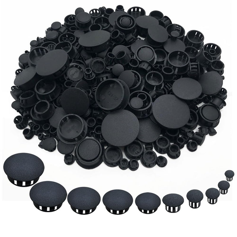 365Pcs 10 Sizes Plastic Hole Plugs Recessed Round Hole Plugs 3/16" 1/4" 5/16" 3/8" 1/2" 5/8" 3/4" 7/8" 1" 1 1/4" Snap-in Panel Lock Hole Plugs for Furniture Cabinet Hole Decorative Cover Caps (Black) Black