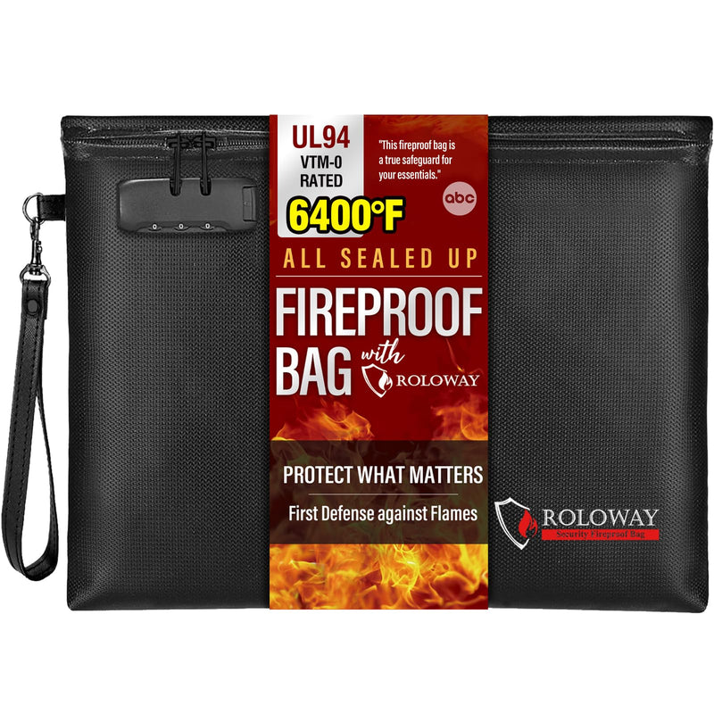 ROLOWAY Fireproof Document Bag (14.5 x 11.5 inch), 6400℉ Fireproof Money Bag with Zipper for Cash, Fire Safe Money Pouch with Lock (Black) Black