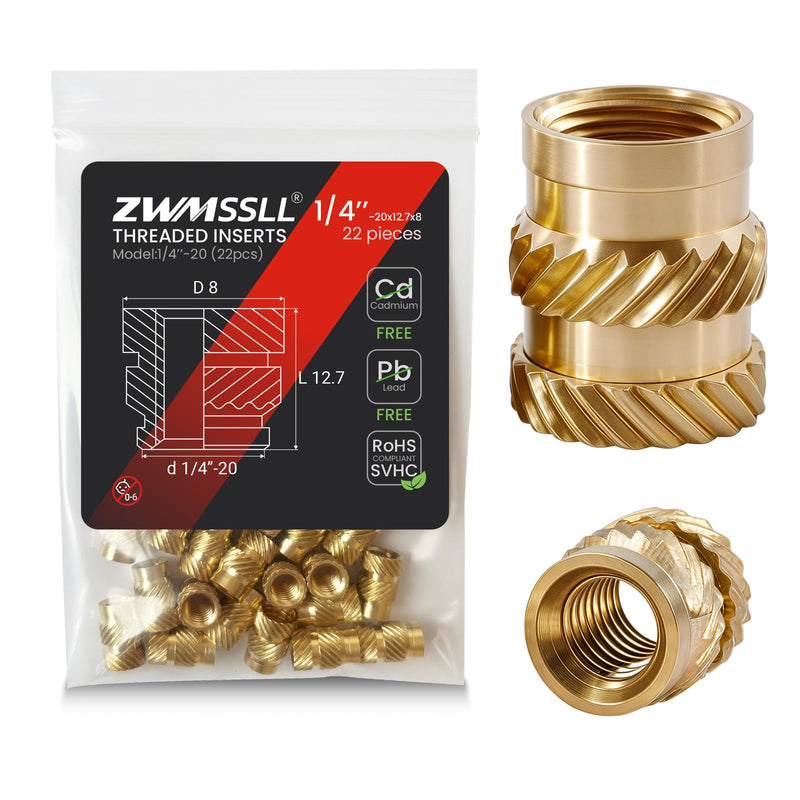 1/4'' Threaded Inserts,1/4-20 Heat Set Insert,22 Pieces 1/4 20x12.7x8 Knurled Nuts,Brass Threaded Inserts for Plastic and 3D Printing Components 1/4''-20 (22pcs) UNC Threaded Insert