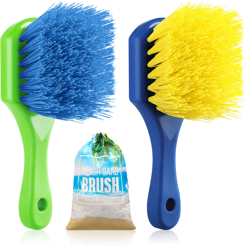 Remerry 2 Pcs Beach Sand Remover Brush with Drawstring Bag, Beach Accessories Scrub Brushes for CleaningSoft Bristle Brush for Summer Vacation Water Sports Volleyball Party (Blue and Yellow) Blue and Yellow