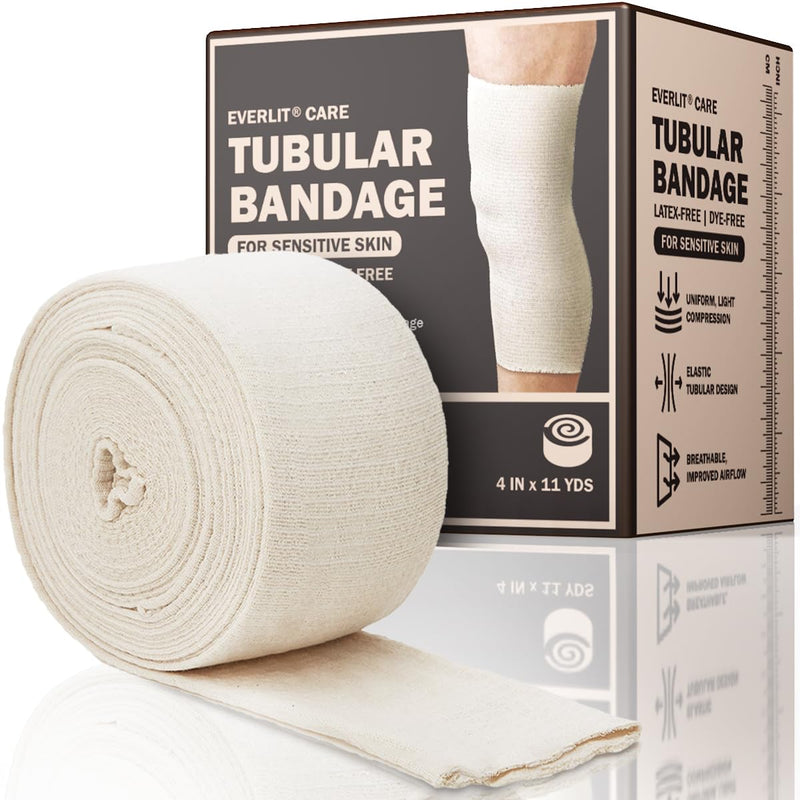 EVERLIT Organic Cotton Blend Elasticated Tubular Support Bandage | Latex-Free Stockinette Light to Moderate Compression for Arm, Knees, Legs | Tissue Support for Sensitive Skin | 4" x 11 yd Size F | 4" x 11 yd