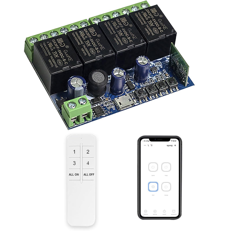 Ewelink WiFi Wireless Smart Relay Module USB 5v 4 Channel Inching Self-Lock Latched Dry Contact Remote Toggle Switch for Access Control, Garage Door,Home Automation, Compatible with Alexa Google Home 1 x 4-Channel + Transmitter