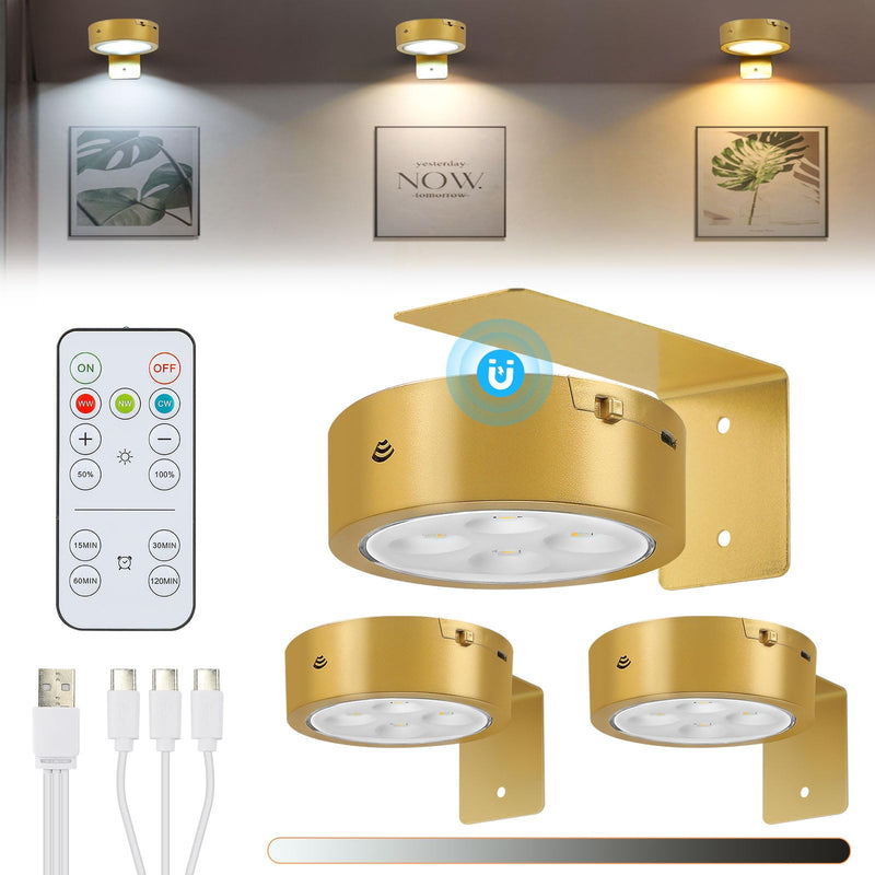 3Pcs Rechargeable Picture Lights,Battery Operated Wall Lights for Pictures with Remote Dimmable and Timer, 3 Lighting Modes Wireless Art Display Light for Picture Frame Paintings-Gold Gold 3Pcs