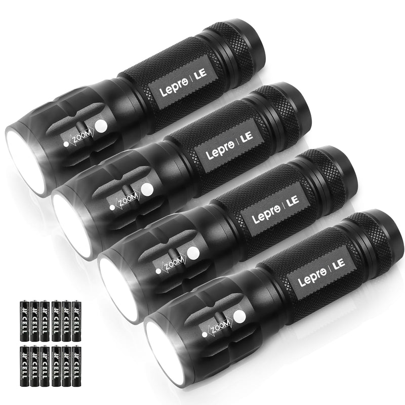Lighting EVER LED Flashlights High Lumens, Small Flashlight, Waterproof, Adjustable Focus Flash Light for Outdoor, Emergency, Camping, AAA Batteries Included, 4 Pack Black