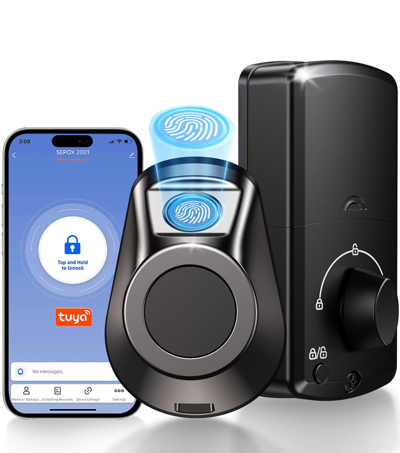 SEPOX® Smart Deadbolt Door Lock, 5-in-1 Keyless Entry (Fingerprint, Bluetooth, WiFi, Tuya APP, Key) Auto Lock/Unlock, Front Gate & Bedroom Compitable, Upgrade Lever & Knob, Unique & Universal Design Matt-Gun-Black 1 Piece
