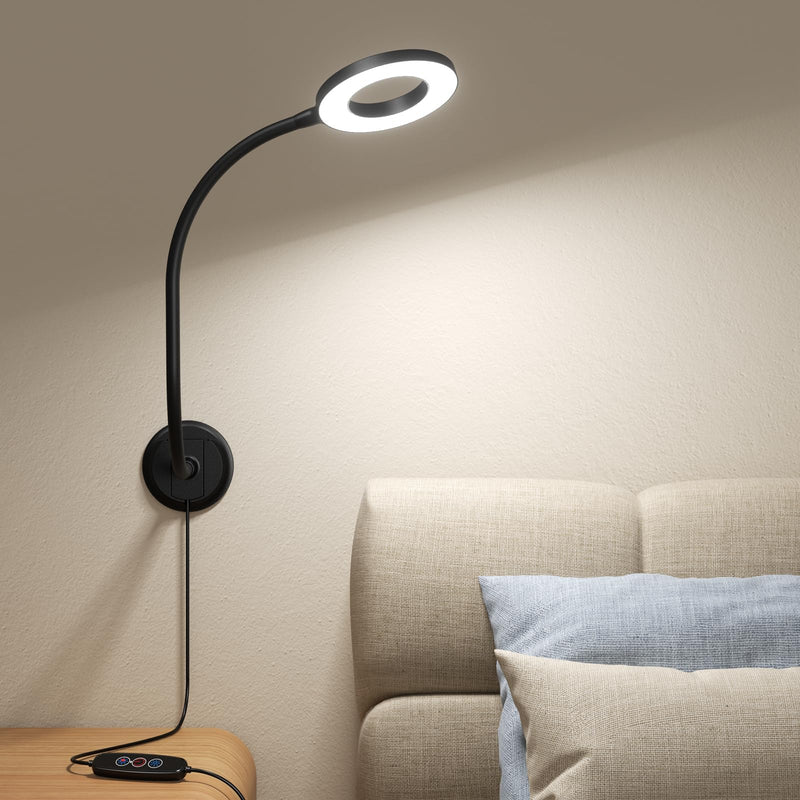 Wall Mounted Lamp, Reading Light for Book in Bed at Night, Shadowless LED Lamp for Workbench Bedroom Bedside Headboard, Eye Care 5 Color & Brightness Adjustable, 360 Flexible Gooseneck, Black 1Unit / Black