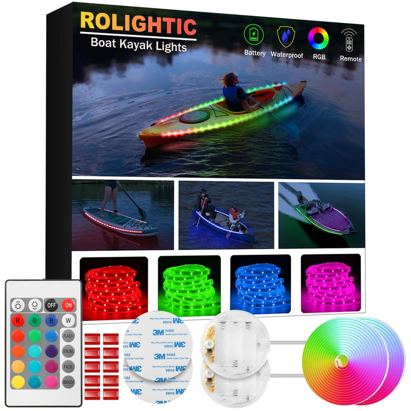Battery Powered Led Kayak Lights, RGB Color Changing Paddleboard SUP Canoes Lights, IP68 Waterproof Marine Submersible Boat Light Strip with Remote, Marine Boat Interior Light, 2 Pack