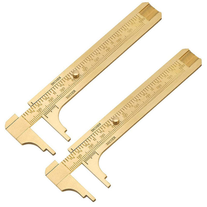 Brass Pocket Caliper with Double Scale Sliding Gauge Bead Measuring Tool Millimeter Gauge Mini Brass Vernier Caliper Brass Ruler, Gold Ruler for Measuring Jewelry(100mm) 2 Pack