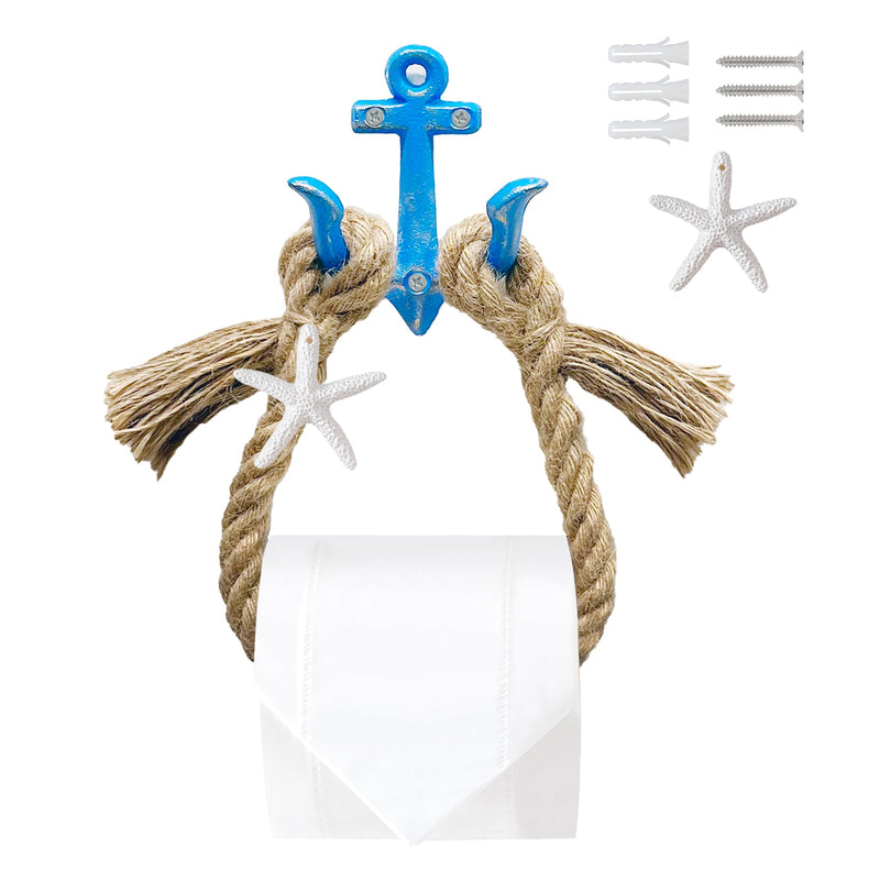 Nautical Toilet Paper Holder, Beach Rope Metal Anchor Hook Bathroom Decor Towel Rack Towel Ring, Wall Mount Coastal Themed Toilet Paper Roll Holder, Nautical Blue