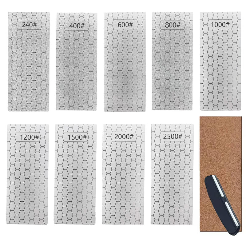 Diamond Sharpening Stone, Honeycomb Surface Plate with Non-slip Base for Pocket Knives Scissors (240/400/600/800/1000/1200/1500/2000/3000 Grit, with Angle Guide and Leather) SET-E