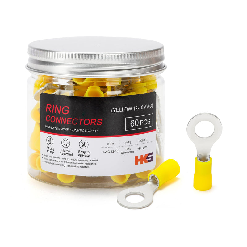HKS 60PCS Insulated Ring Terminal 5/16" Yellow 12-10 AWG - M8 - Tinned Red Copper - Electrical Wire Connector Kit Crimp PVC 5/16"(M8)
