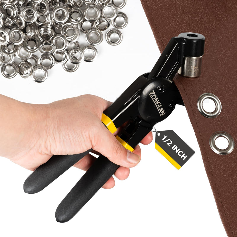 Heavy Duty Grommet Tool Kit with 1/2 Inch Die and 300 Sets of 12MM Grommets,Handheld Manual Eyelet Tool Rivet Press Punch Pliers for Leather Canvas Fabric 1/2''