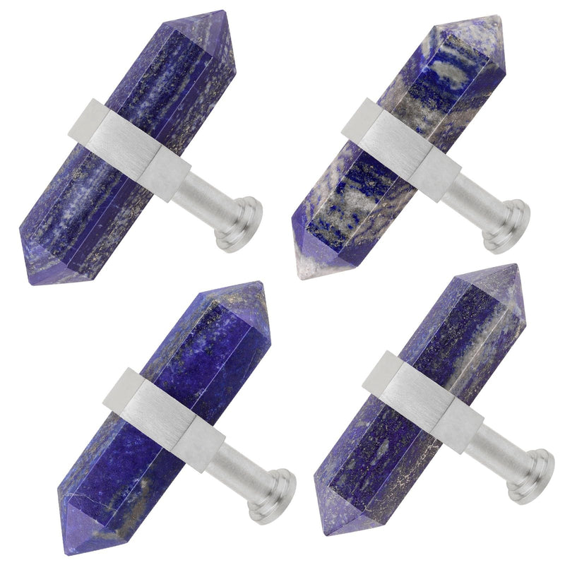 moonsix 4pcs Double Pointed Hexagonal Stone Silver Knobs, Lapis Lazuli Dark Blue Silver Handle