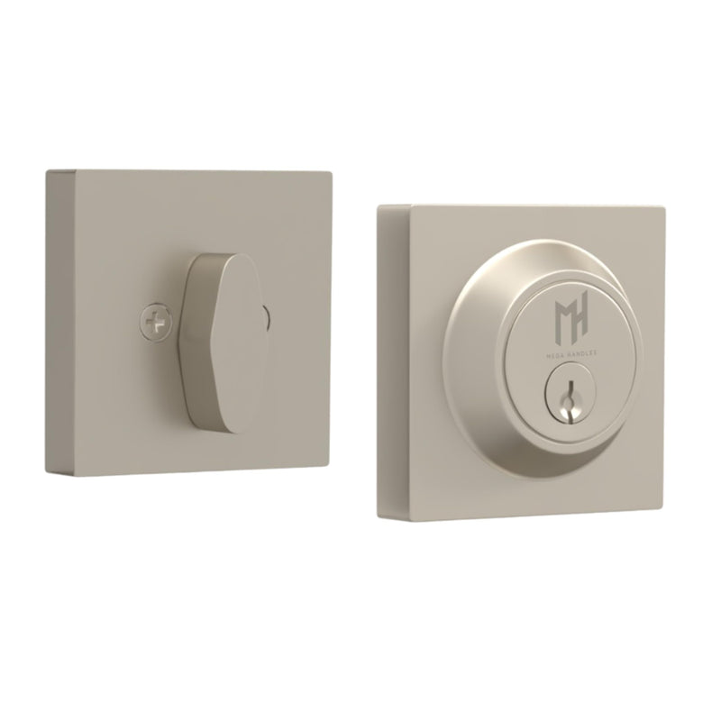 Mega Handles Schein Deadbolt Lock - Heavy Duty Square Locking Deadbolt for Left Or Right-Handed Doors, Brushed Nickel Deadbolt for Interior/Exterior, Screws Included - Satin Nickel 1