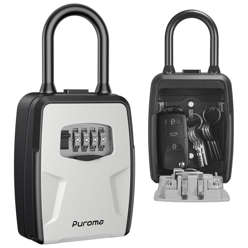 Puroma Large Key Lockbox with Hook, Resettable Combination Code Lock Box, Waterproof Security Wall Mount Lock Box with Shackle for Outdoor, Home, Door Handle Apartment Key Storage (1 Pack, Gray) 1 Grey