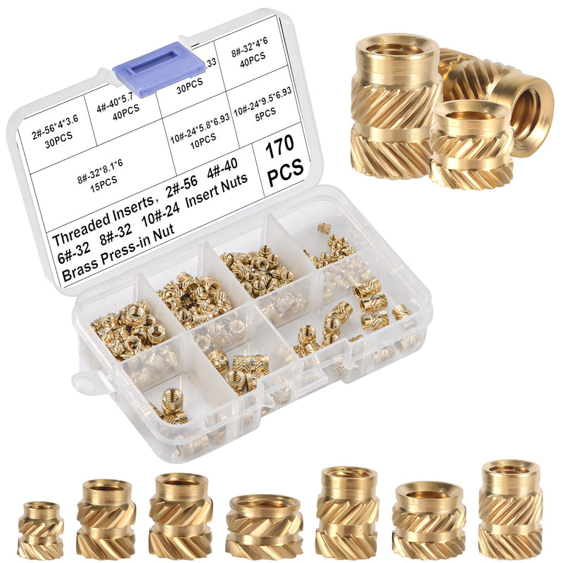 170pcs Female Thread Knurled Nuts, 2-56 4-40 6-32 8-32 10-24 Brass 3D Printing Brass Nuts Knurled Embedment Nuts Threaded Inserts Parts for Plastic 3D Printing Injection Molding Accessories