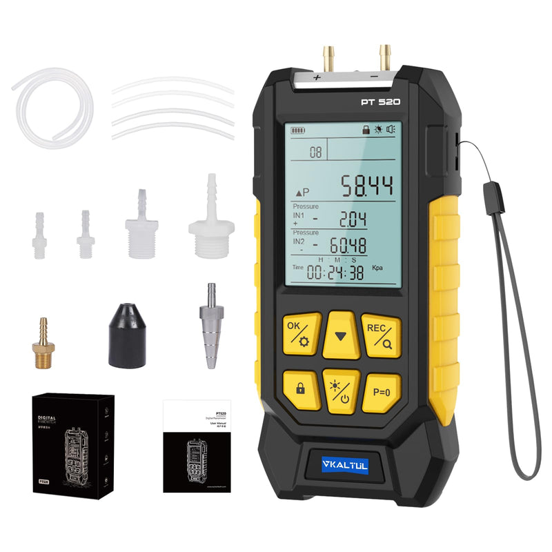 Dual-Port HVAC Manometer with 7 Adapters, 10 Units Switch, Data Locking & Storage, -100~200Kpa, Magnetic Back, Backlit Display Screen Manometer Gas Pressure Tester, PT520