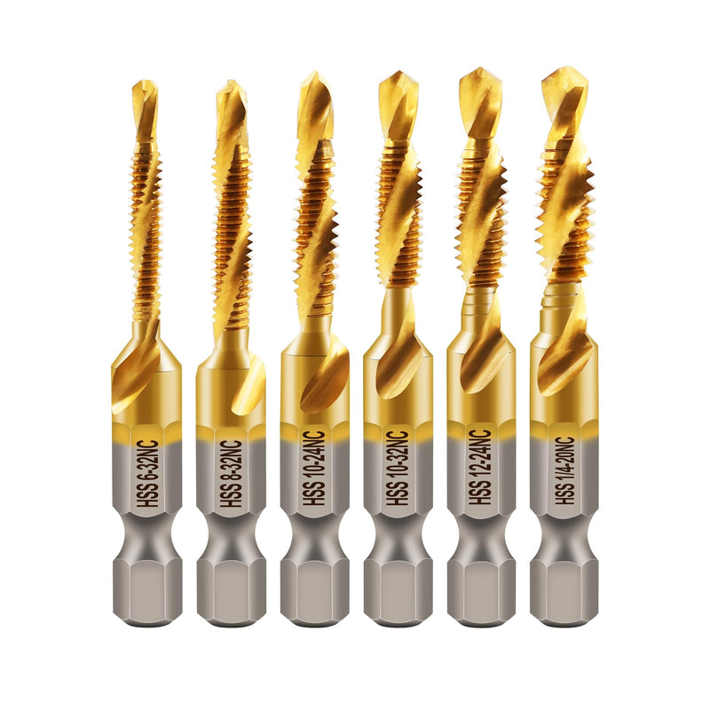 Combination Drill and Tap Bit Set,Titanium Coated Tapping Bit Tool 6pcs SAE Screw tap Drill bit for Drilling Tapping, Countersinking on Electric Drill or Tapping Machine 6pcs/1set SAE Gold 6