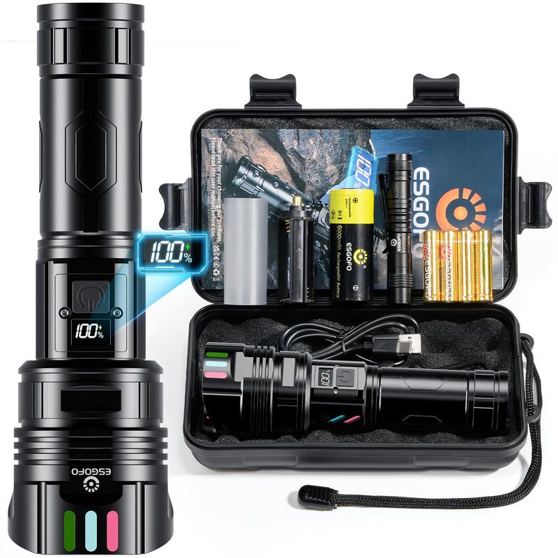 Super Bright Flashlight 100000 High Lumens Rechargeable,Powerful Long Distance 3280ft Strong LED Flash Lights,Long Lasting 10H LCD Digital USB Discharging Function,Focus & Brightness Adjustable 29 Watt Hours