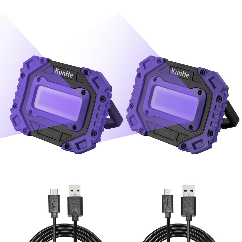 KunHe Rechargeable UV Black Light, Portable Battery Powered Blacklight, Cordless UV Light, 395nm Ultraviolet Floodlight Lamp for Night Fishing, Dark Glow Party, Halloween, 2 Pack 395 UV 2.0