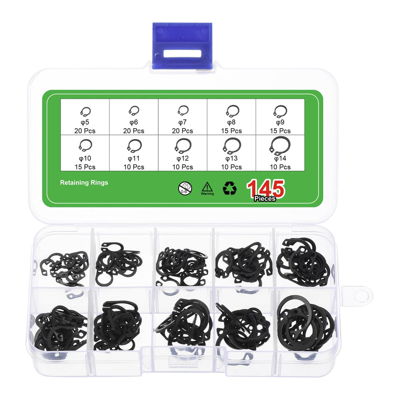 uxcell 145 Pcs External Retaining Rings, 10 Sizes(M5, M6, M7, M8, M9, M10, M11, M12, M13, M14) 65Mn Carbon Steel Circlip Snap Rings Assortment Kits for Valves Electrical Appliances