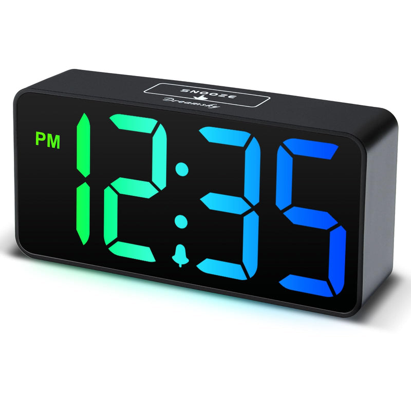 DreamSky Small Digital Alarm Clocks for Bedrooms - RGB Electric Alarm Clock for Kids Bedside Nightstand, Desk Clock with Large Numbers, Dimmer, Adjustable Alarm Volume, USB Port, USB-C Adapter Powered Black Case Rgb Digits
